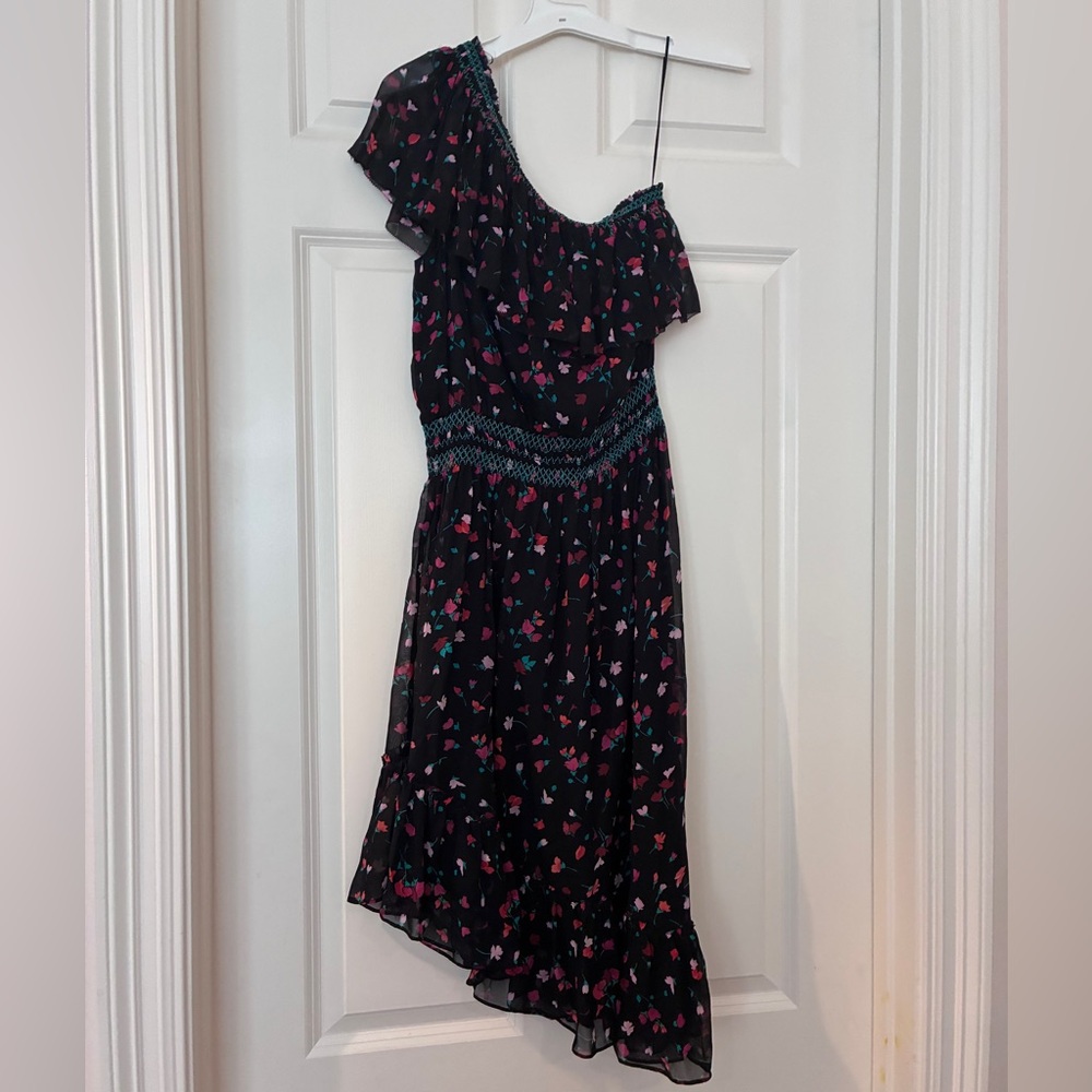 Joie Black One-Shoulder Asymmetrical Silk Midi Dress with Floral Smocked Ruffles